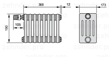 Схема (чертеж) Радиатор Zehnder Charleston 5019/8 №V011 Белый глянцевый RAL 9016